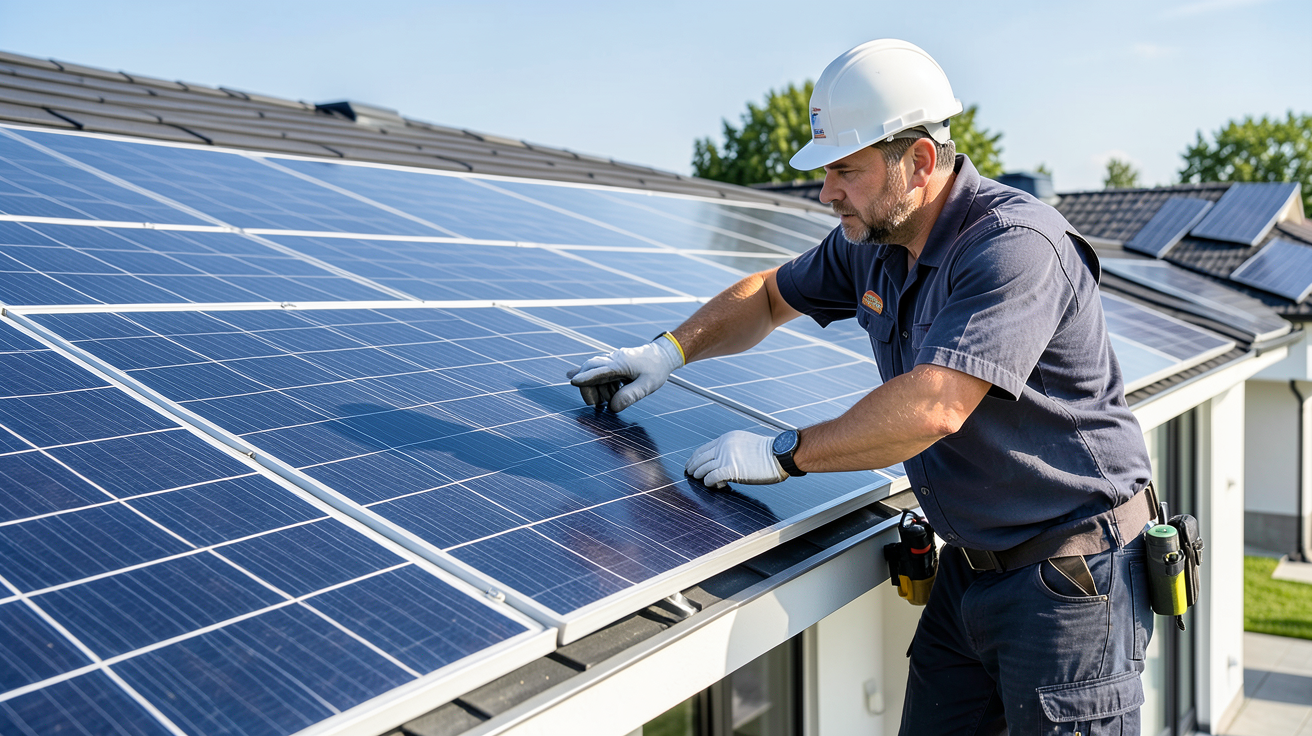 la photovoltaique installée sur le toit d'une maison avec un technicien professionnel effectuant une inspection.