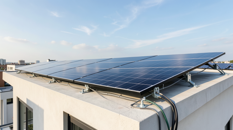 la photovoltaïque installation sur le toit d'une maison urbaine moderne avec des panneaux solaires noirs