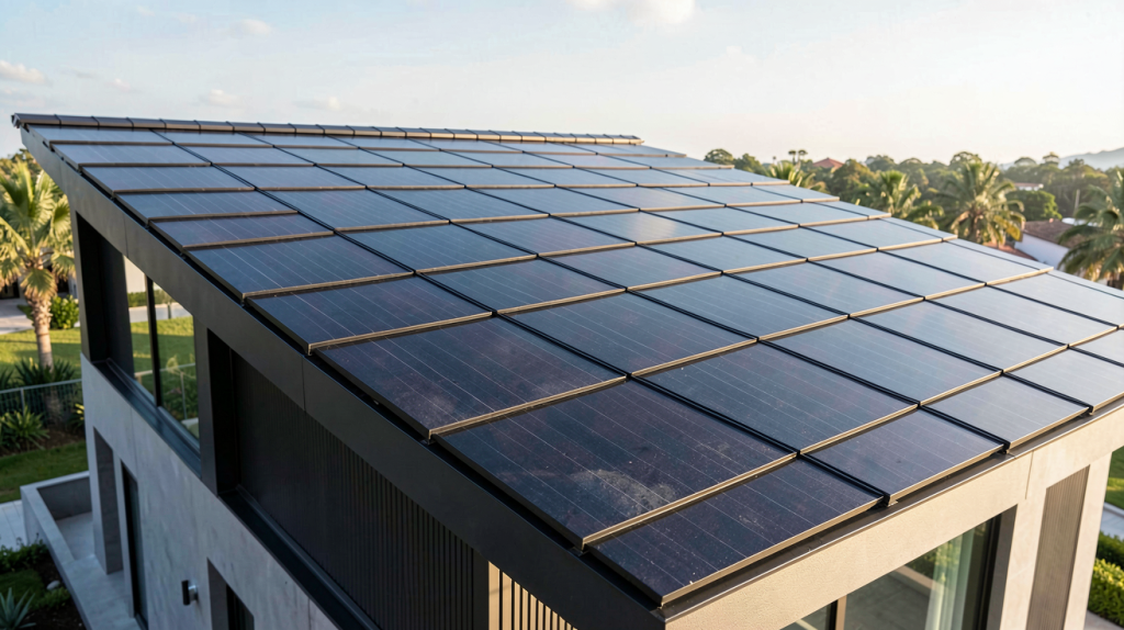 la tuile solaire invisible intégrée de manière discrète sur un toit de maison contemporaine
