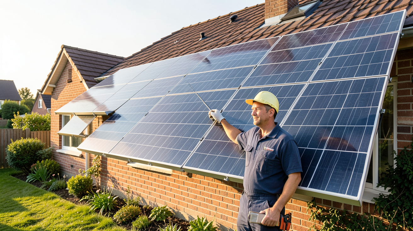 lampiris panneaux solaires : installateur professionnel devant une maison équipée de panneaux solaires Lampiris