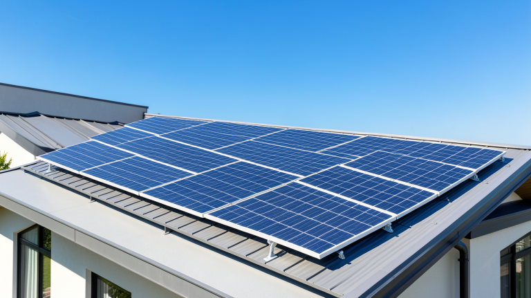 lampiris panneaux solaires installés sur le toit d'une maison moderne sous un ciel bleu
