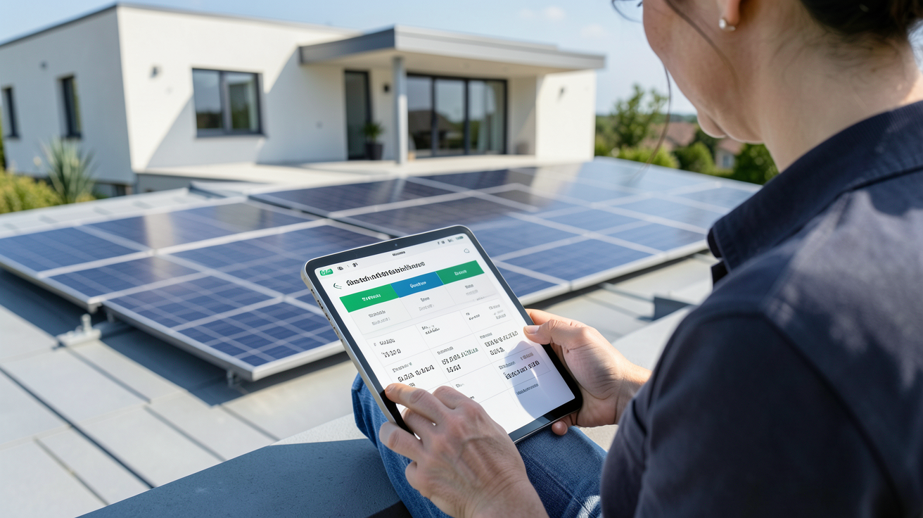 le bon coin panneau solaire avec un utilisateur consultant les tarifs et l'estimation de prix sur une tablette devant des panneaux photovoltaïques.