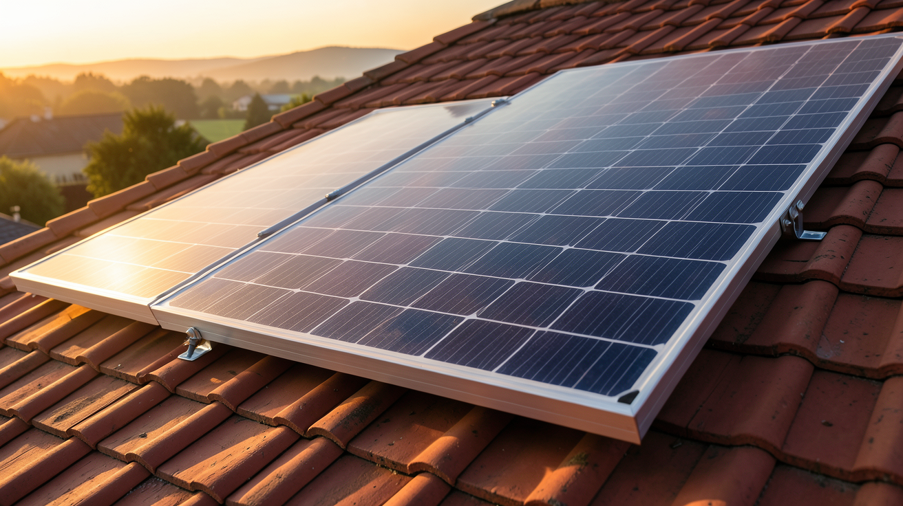 le meilleur panneau solaire monocristallin installé sur un toit en tuiles rouges sous un ciel doré