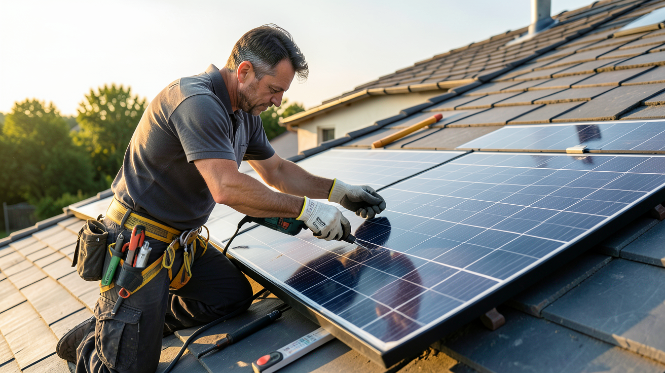 le panneau photovoltaïque lors de l'installation sur un toit par un professionnel avec Prime Énergie Rénovation