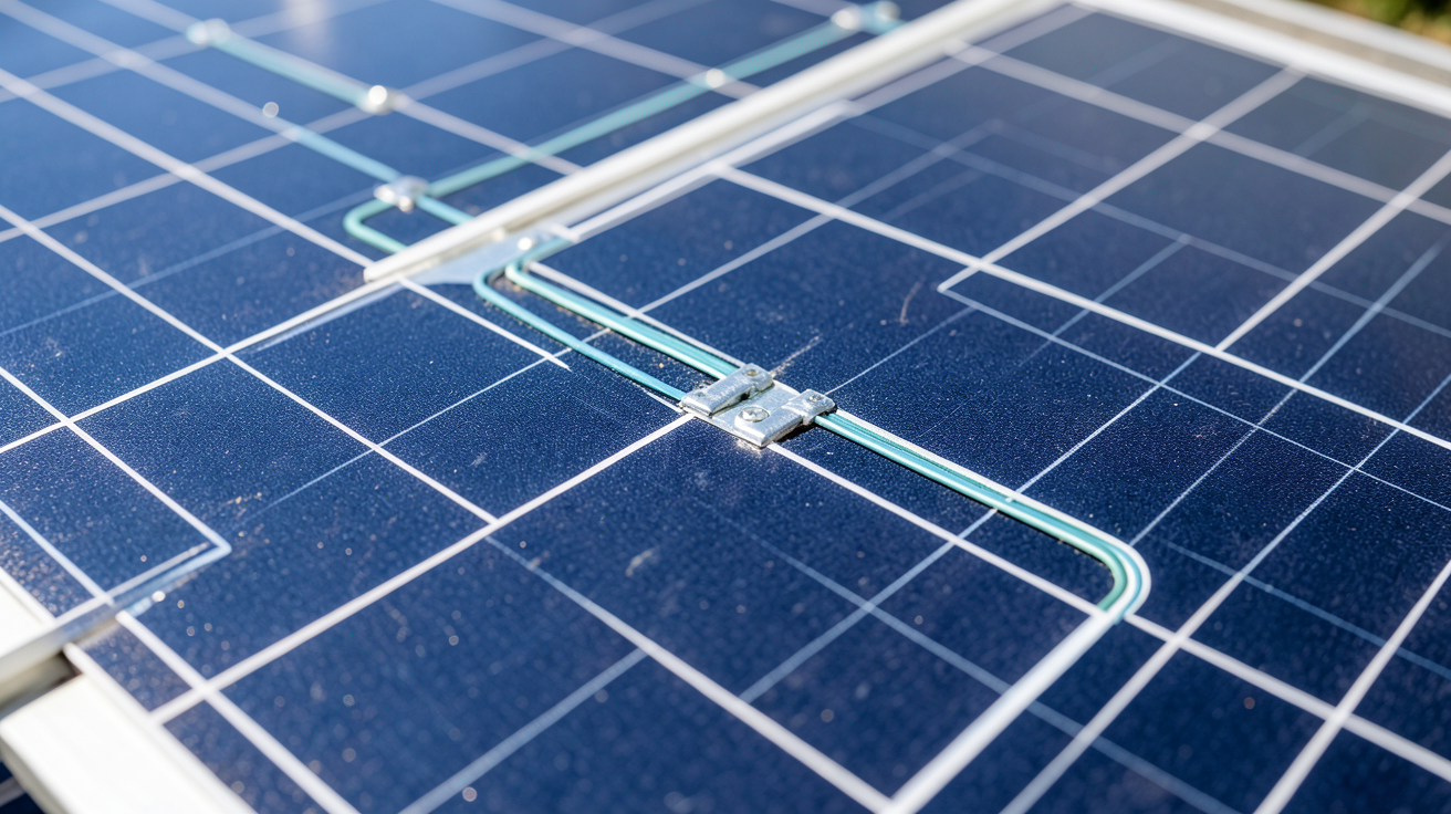 le panneau photovoltaïque montrant les cellules de silicium et les connexions électriques en détail