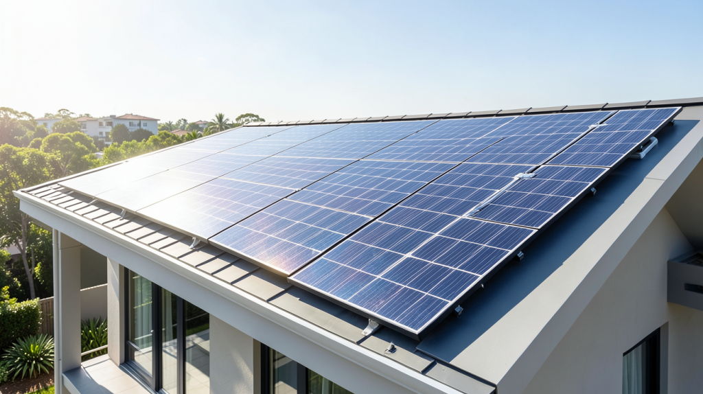 le panneau photovoltaïque installé sur le toit d'une maison moderne, capturé en plein jour avec des reflets lumineux