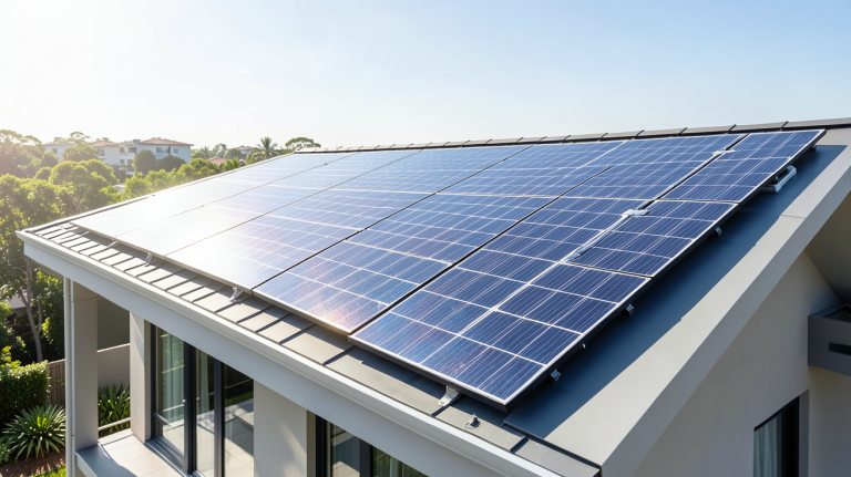le panneau photovoltaïque installé sur le toit d'une maison moderne, capturé en plein jour avec des reflets lumineux