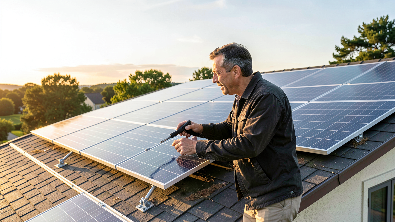 le photovoltaïque est-il rentable retours d'expérience d'un propriétaire inspectant ses panneaux solaires sur le toit d'une maison