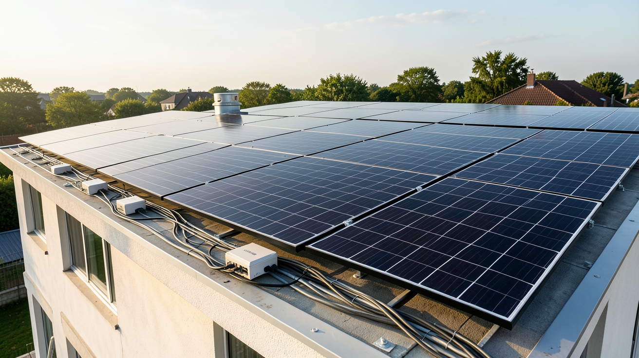 le photovoltaïque installation complète de panneaux solaires sur le toit d'une maison individuelle