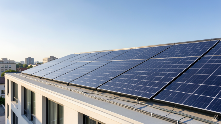 le photovoltaïque installé sur le toit d'une maison urbaine moderne avec des panneaux solaires brillants