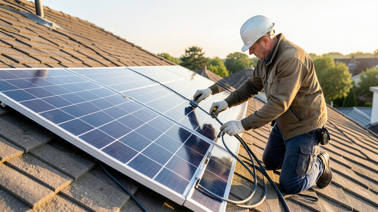 le photovoltaïque : installateur vérifiant l'orientation et l'inclinaison d'un panneau solaire sur un toit