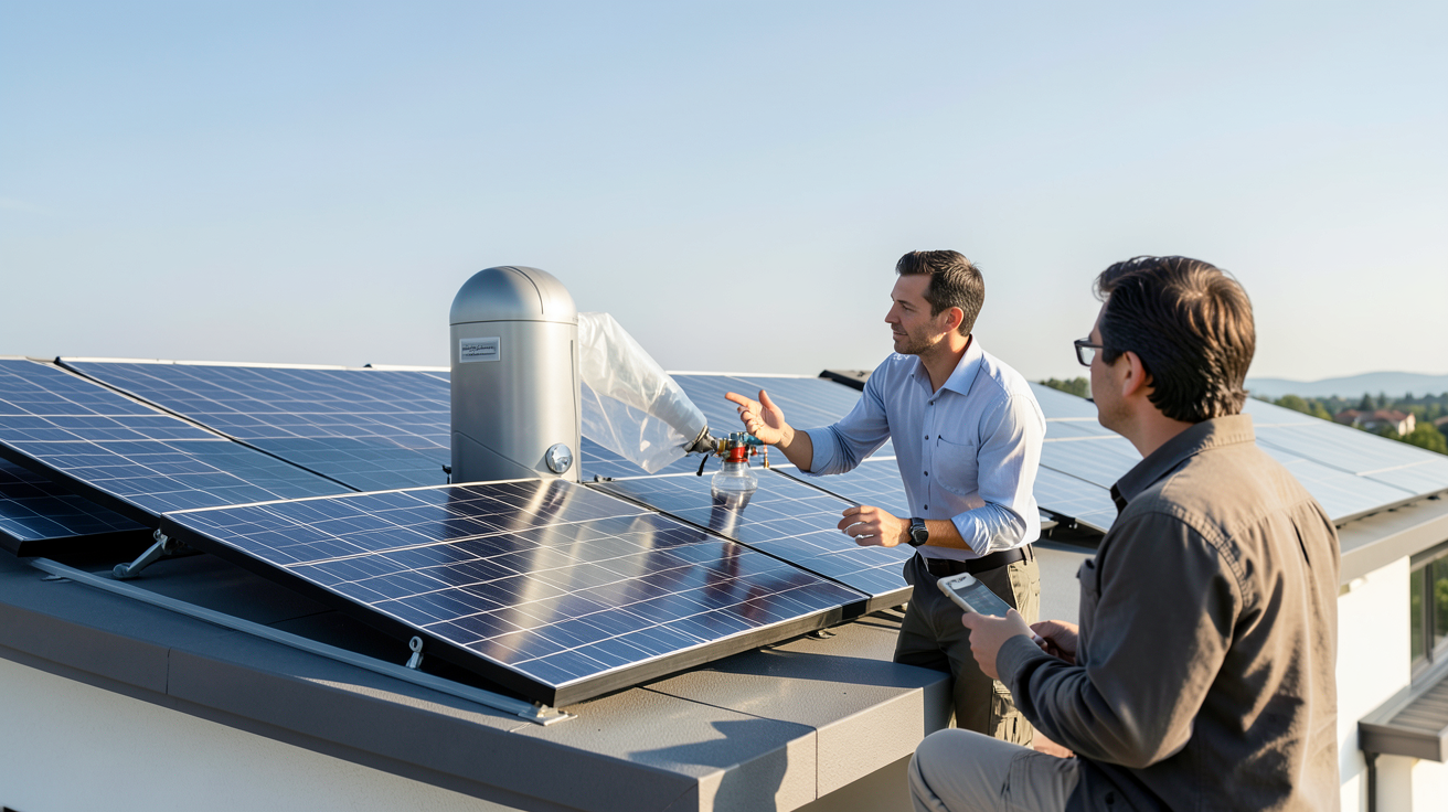 le prix d un chauffe eau solaire en 2026 : technicien expliquant les facteurs influençant le coût d'un chauffe-eau solaire sur un toit de maison