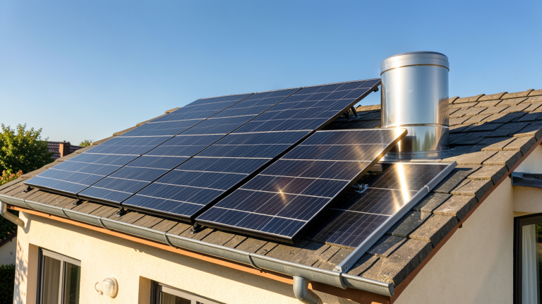 le prix d un chauffe eau solaire installé sur le toit d'une maison individuelle avec des panneaux thermiques noirs