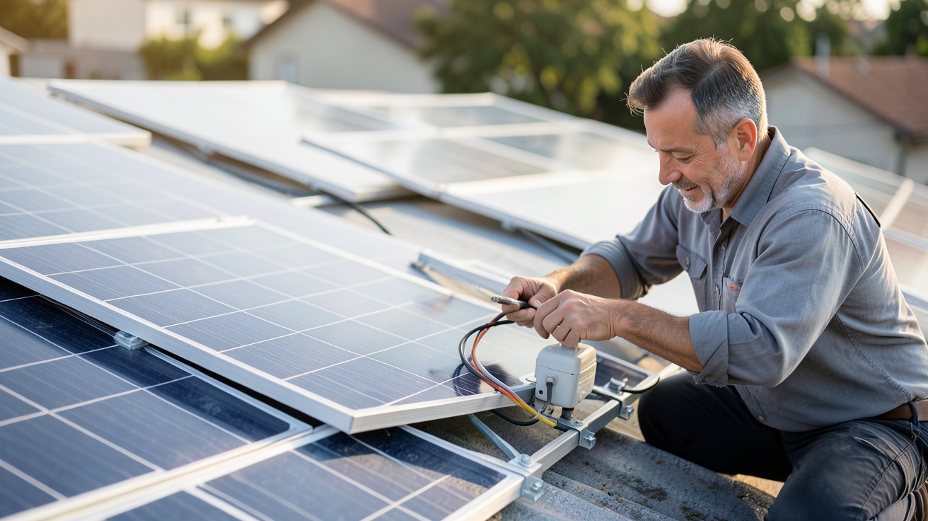 le prix de panneau solaire : installateur professionnel examinant des panneaux solaires sur un toit résidentiel