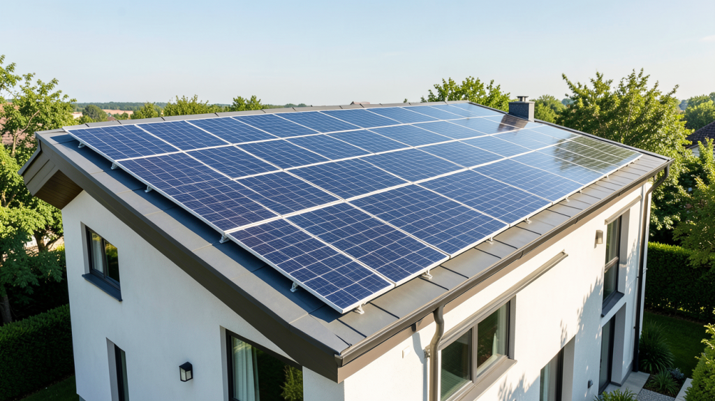 le solaire photovoltaïque installé sur le toit d'une maison moderne sous une lumière naturelle.