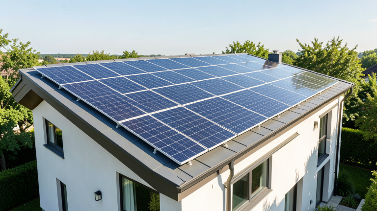 le solaire photovoltaïque installé sur le toit d'une maison moderne sous une lumière naturelle.