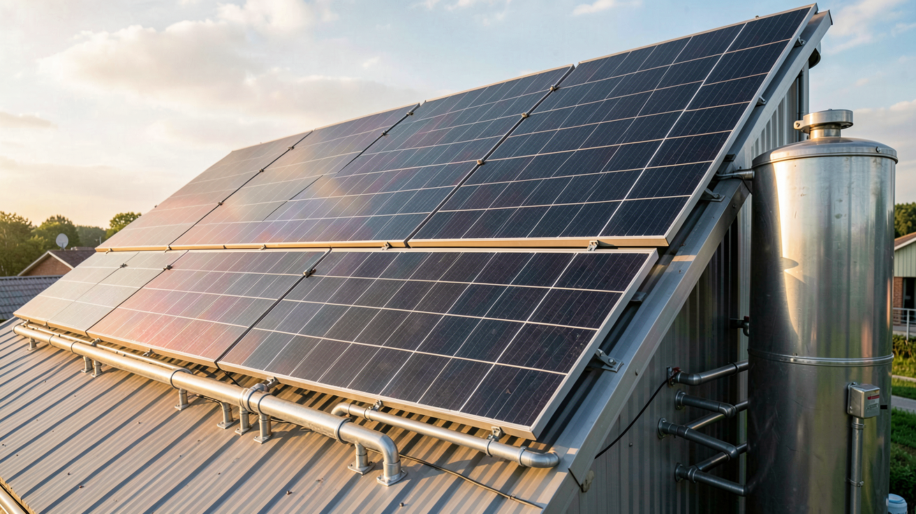 le solaire thermique : installation solaire thermique en fonctionnement sur un toit avec ballon de stockage