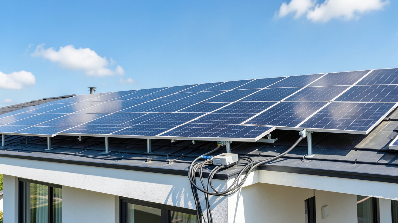 le système photovoltaïque en fonctionnement sur le toit d'une maison moderne avec panneaux solaires noirs et onduleur visible