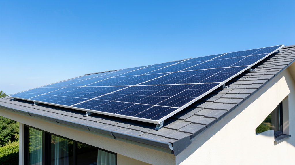 le système photovoltaïque installé sur le toit d'une maison moderne avec des panneaux solaires noirs