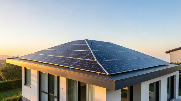 le triangle photovoltaïque installé sur le toit d'une maison contemporaine avec des panneaux solaires noirs brillants sous un ciel dégagé