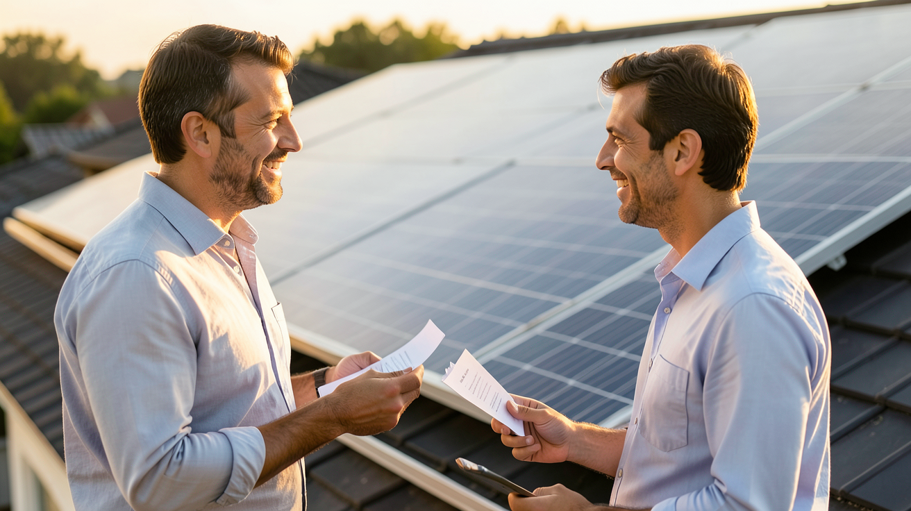 le triangle photovoltaïque processus d’accompagnement de Prime Énergie Rénovation avec un conseiller et un client devant un panneau solaire