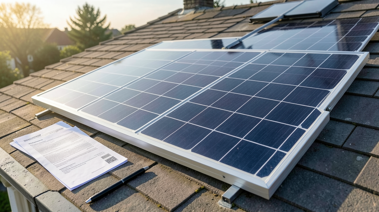leroy merlin panneau photovoltaïque avec documents financiers et stylo sur une table en bois