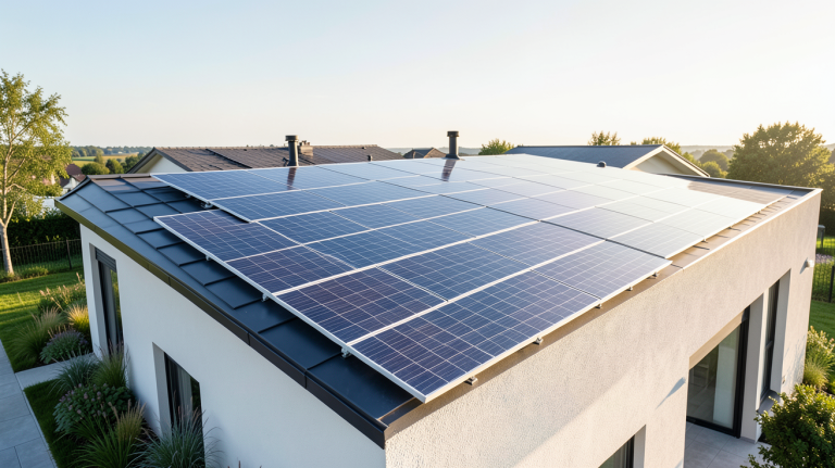 leroy merlin panneau photovoltaïque installé sur le toit d'une maison contemporaine