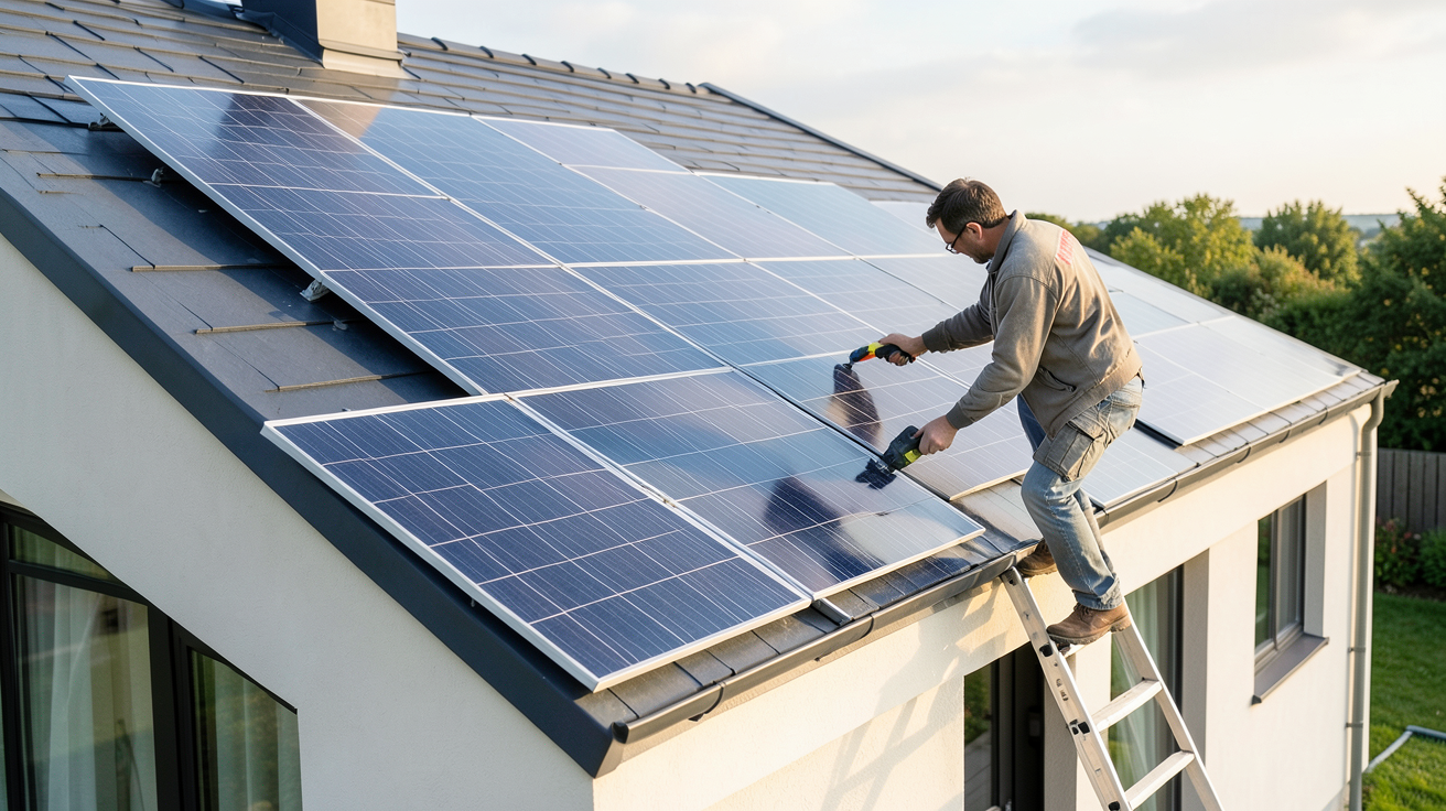leroy merlin panneau solaire installé sur le toit d'une maison lors de l'installation pas à pas