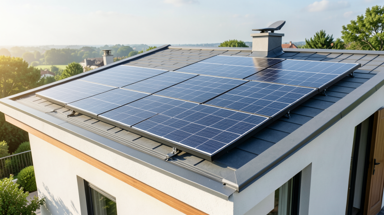 leroy merlin panneau solaire installé sur le toit d'une maison contemporaine, capturé en haute résolution
