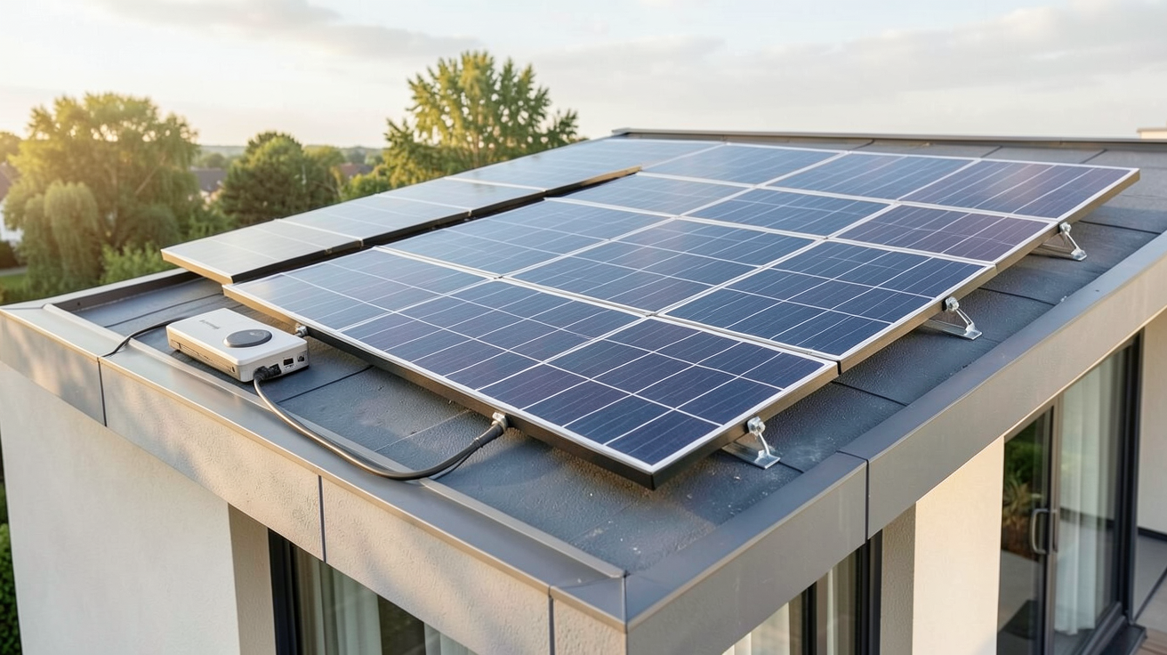 leroy merlin panneau solaire kit autoconsommation plug&play installé sur le toit d'une maison moderne