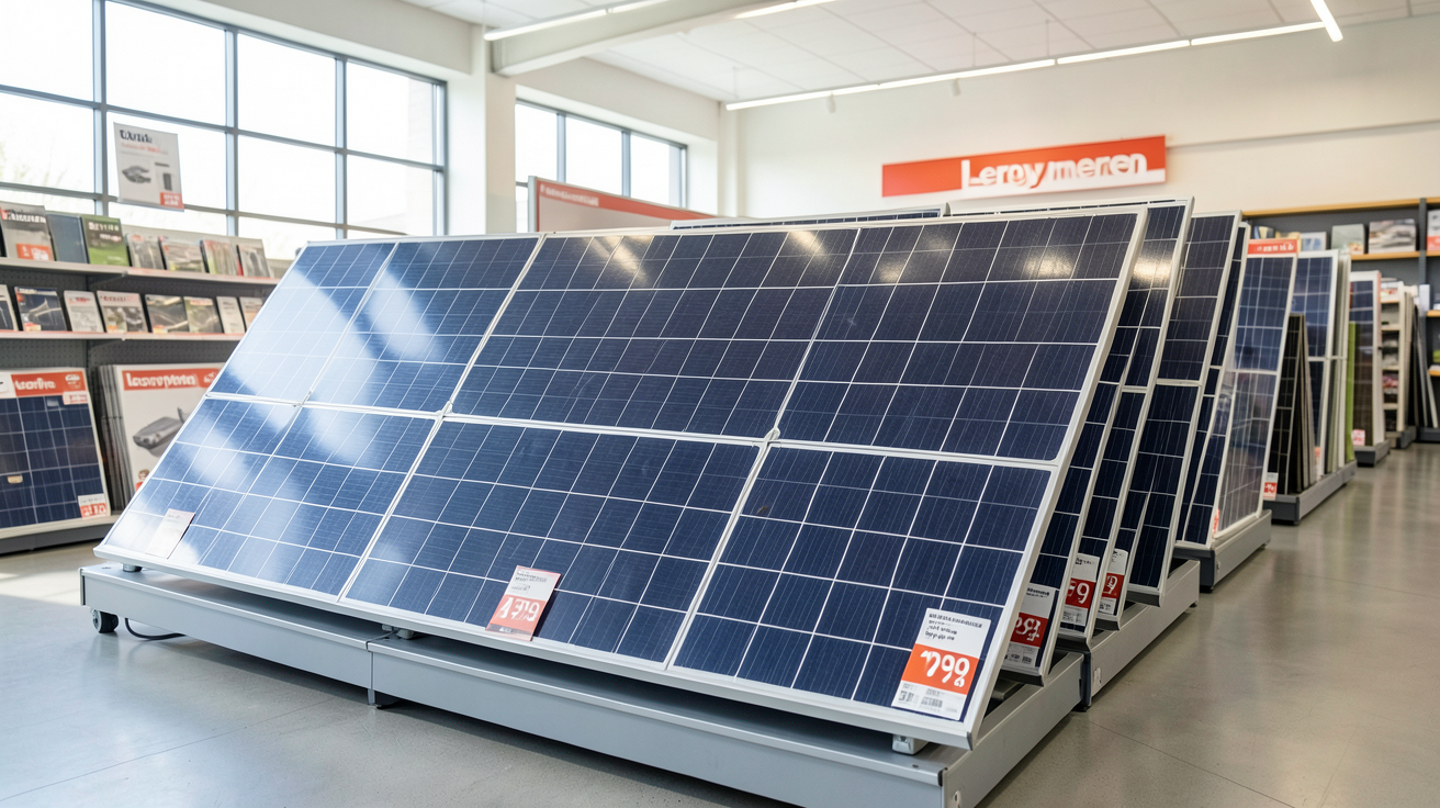 leroy merlin panneau solaire photovoltaique exposé en magasin avec étiquettes de prix en 2024