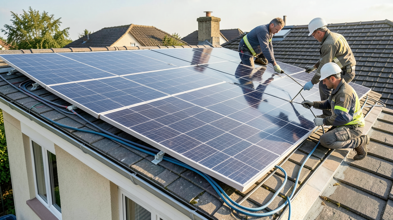 leroy merlin panneau solaire photovoltaique installation sur toit de maison avec techniciens en action