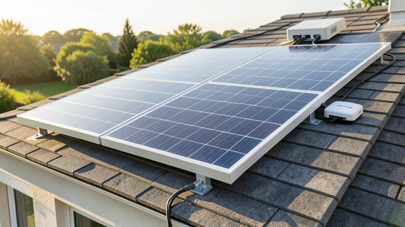 leroy merlin panneau solaire photovoltaique plug and play installé sur un toit de maison individuelle