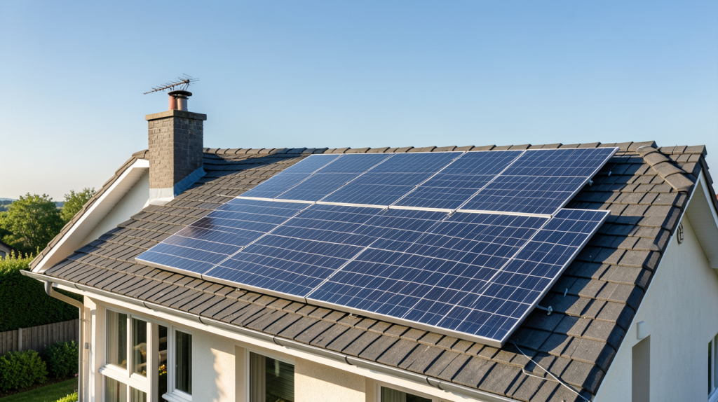 leroy merlin panneau solaire photovoltaïque installé sur le toit d'une maison individuelle moderne