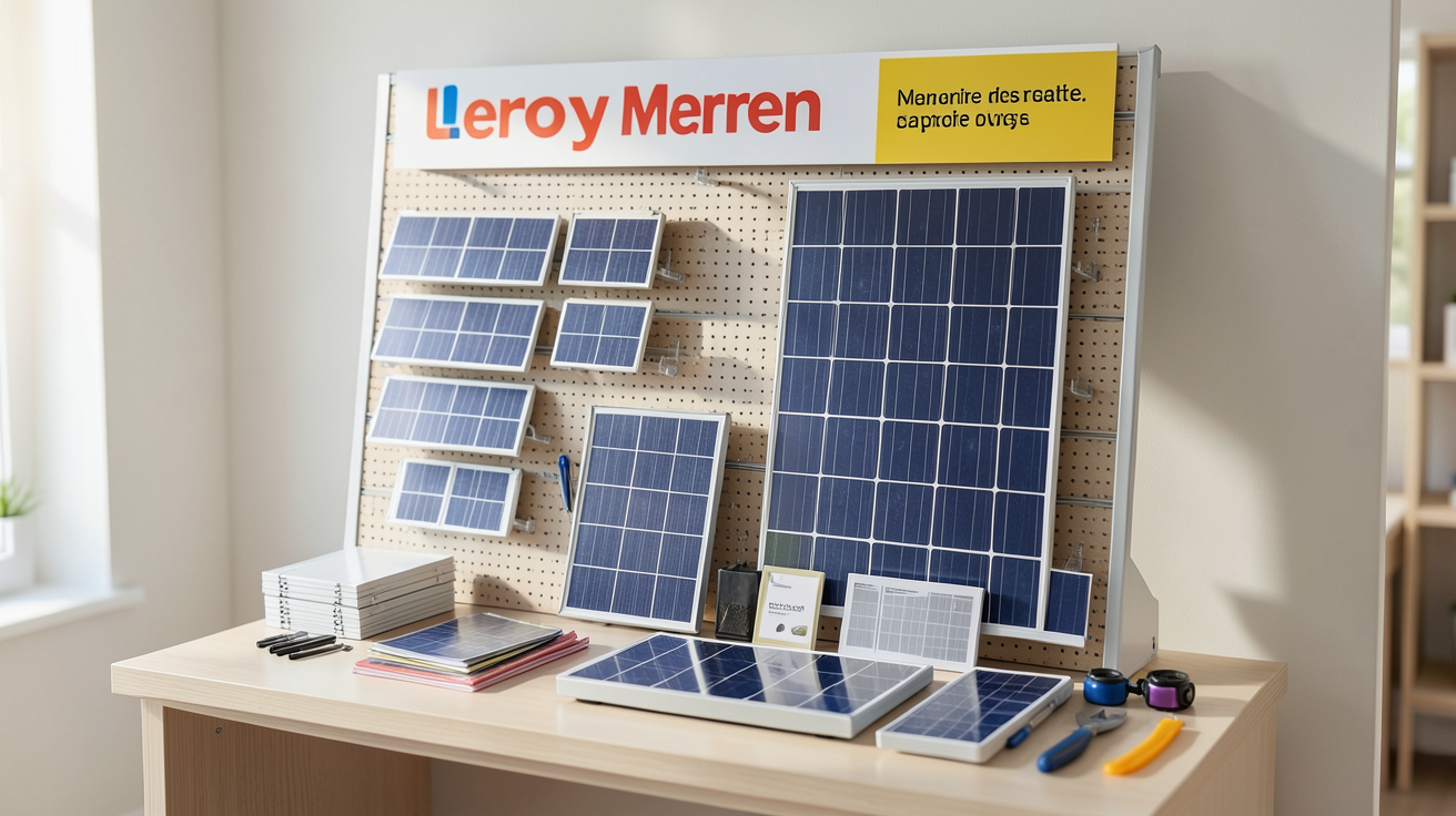leroy merlin panneaux photovoltaiques présentés avec kits et accessoires dans un espace Leroy Merlin