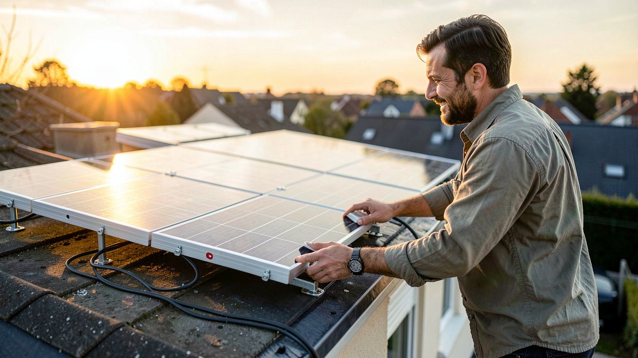 leroy merlin photovoltaique : client inspectant des panneaux solaires Leroy Merlin sur un toit de maison