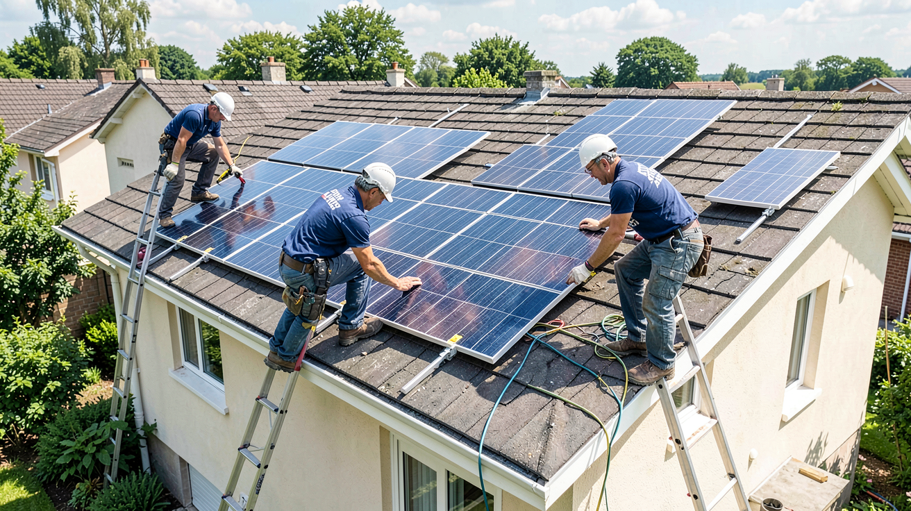 leroy merlin photovoltaique montre une équipe installant des panneaux solaires sur un toit, démontrant les étapes clés de la pose et les conseils de sécurité.