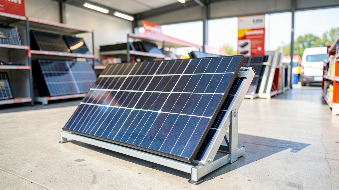 leroy merlin photovoltaique : kit solaire exposé en magasin avec panneaux solaires et support métallique