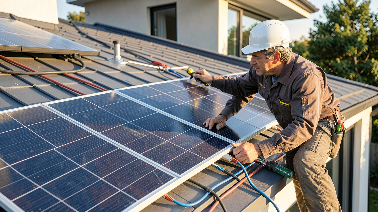 les cellules solaires lors de l'installation d'un panneau photovoltaïque sur le toit d'une maison moderne