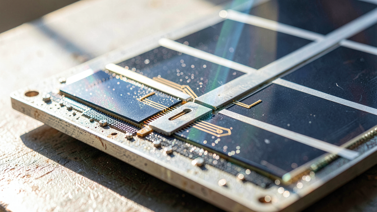 les cellules solaires illustrant le principe de fonctionnement de l'effet photovoltaïque avec des détails techniques visibles