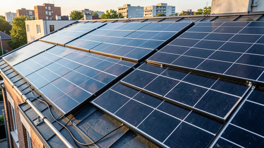 les cellules solaires installées sur le toit d'une maison en milieu urbain