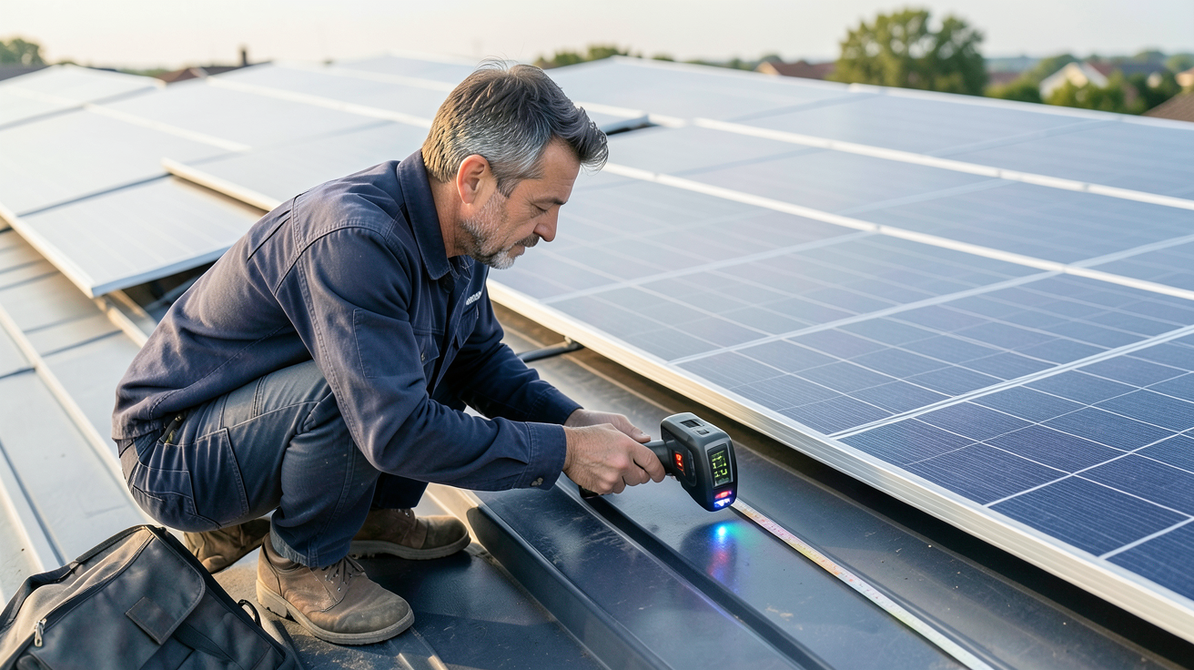 les installations photovoltaïques technicien mesurant un toit avec un télémètre laser devant des panneaux solaires