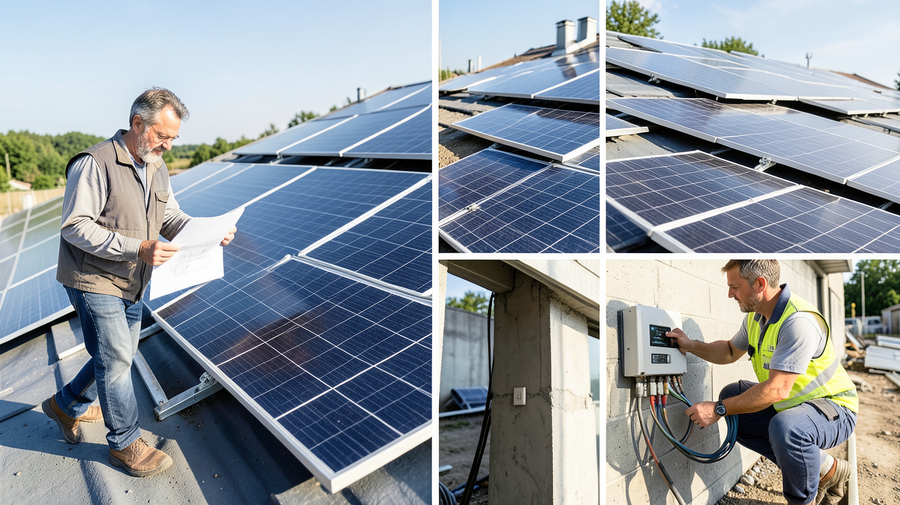les installations photovoltaïques montrant les étapes d'installation : étude de faisabilité, pose des panneaux, raccordement électrique et mise en service