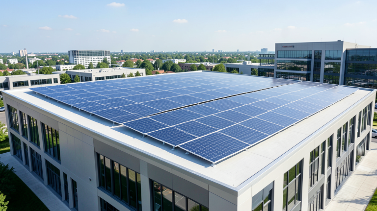les installations photovoltaïques sur le toit d'un bâtiment commercial, panneaux solaires alignés, éclairage du jour, rendu ultra réaliste