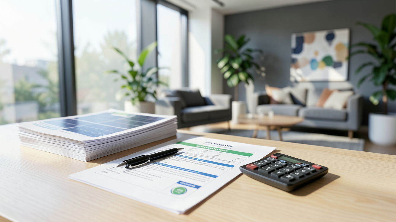 les meilleurs installateurs de panneaux photovoltaïques comparant des devis sur une table en bois clair