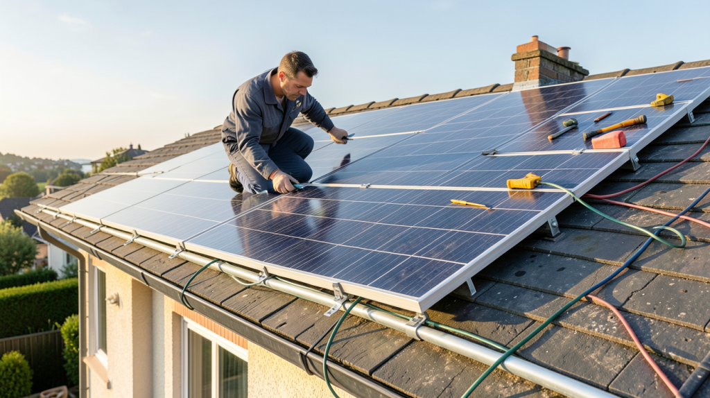 les meilleurs installateurs de panneaux photovoltaïques en train d'installer un équipement sur un toit résidentiel