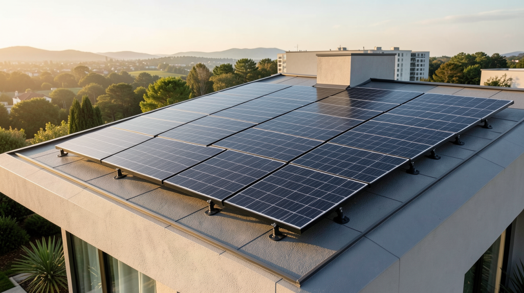 les meilleurs panneaux photovoltaïques noirs installés sur le toit d'une maison écologique moderne
