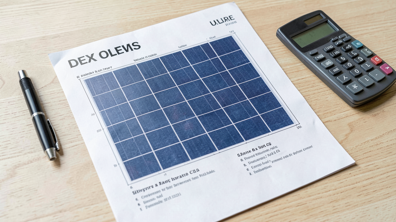 les meilleurs panneaux solaires : fiche technique de panneau solaire posée sur une table avec stylo et calculatrice