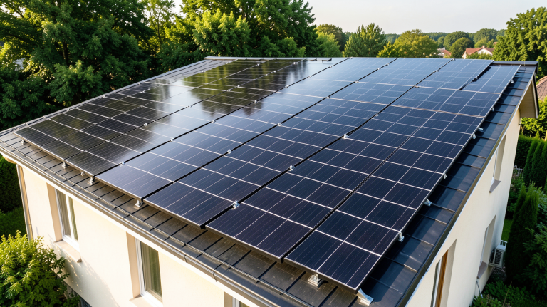 les panneaux solaires photovoltaïques installés sur le toit d'une maison écologique