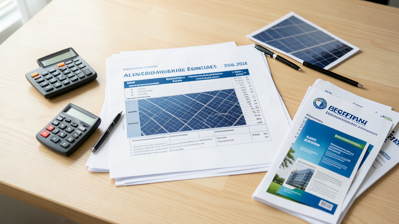 les panneaux solaires prix aides financières 2024 tableau comparatif sur une table en bois avec documents officiels